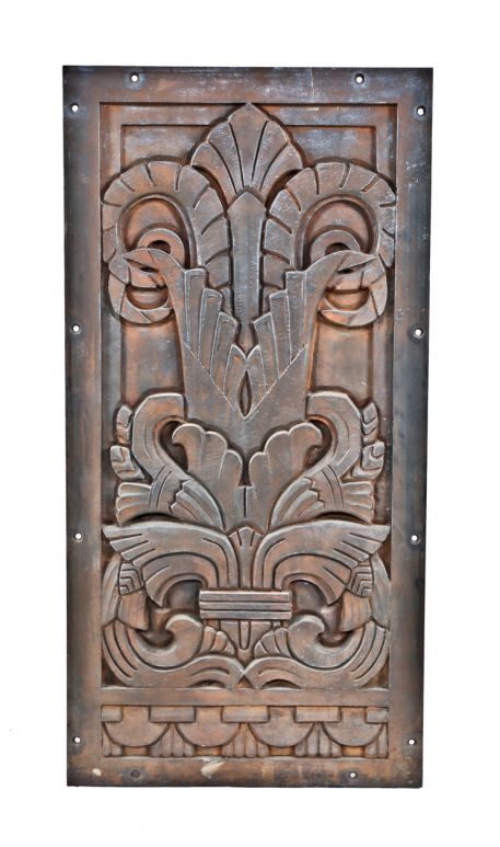 remarkable c. 1920's historically important american art deco style oversized ornamental cast iron building facade panel with detailed floral motif