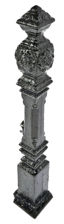single all original freestanding salvaged chicago ornamental black enameled cast iron residential newel post with pyramidal-shaped top 