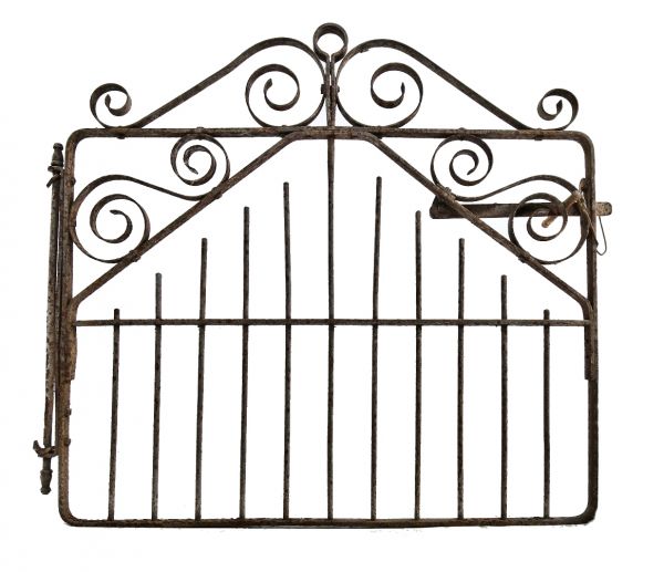 original late 19th century antique american victorian era ornamental salvaged chicago wrought iron exterior gate with decorative scrollwork and pivoting latch 