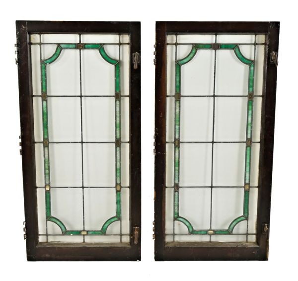 original early 20th century chicago craftsman or bungalow leaded art glass casement window with sandwiched gold leaf accents