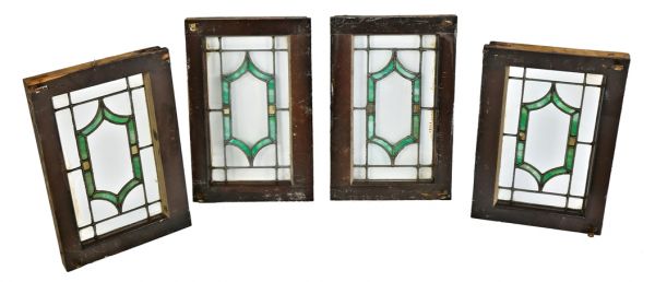 group of four original early 20th century chicago craftsman or bungalow leaded art glass diminutive windows with sandwiched gold leaf accents