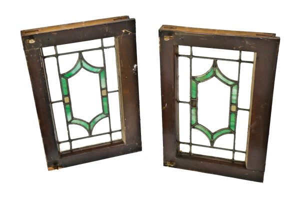 group of three original early 20th century chicago craftsman or bungalow leaded art glass diminutive windows with sandwiched gold leaf accents