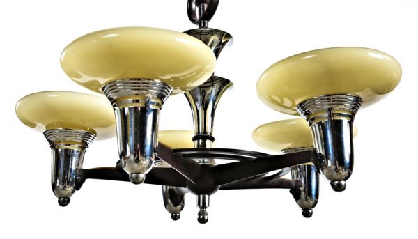 exceptional all original and intact late 1920's american art deco machine age five light polished chrome interior ceiling light fixture with custard shades