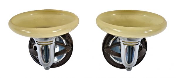 matching set of hard to find and highly sought after american art deco machine polished chrome "after sunset" wall sconces with original custard glass shades
