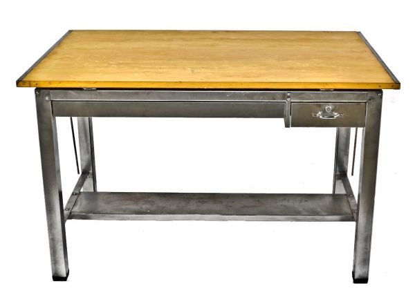 completely refinished oversized vintage american industrial salvaged chicago adjustable top drafting table with single pull-out drawer