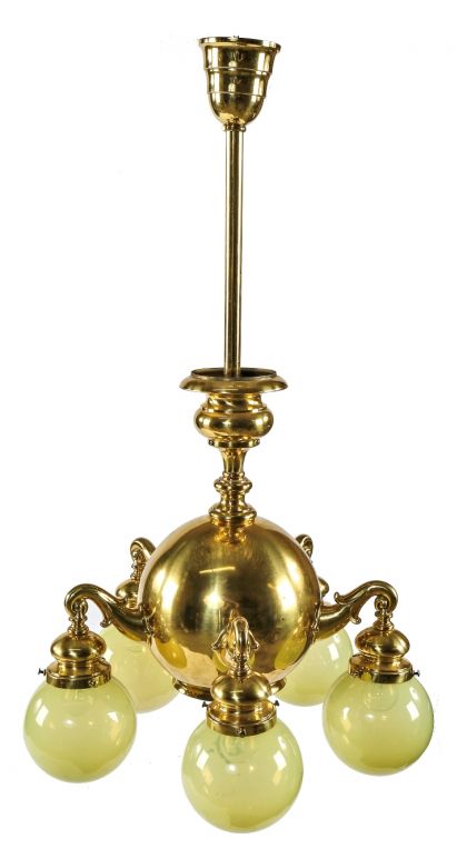 completely restored antioque american interior residential chicago mansion five-arm ceiling pendant light fixture with original vaseline glass globes