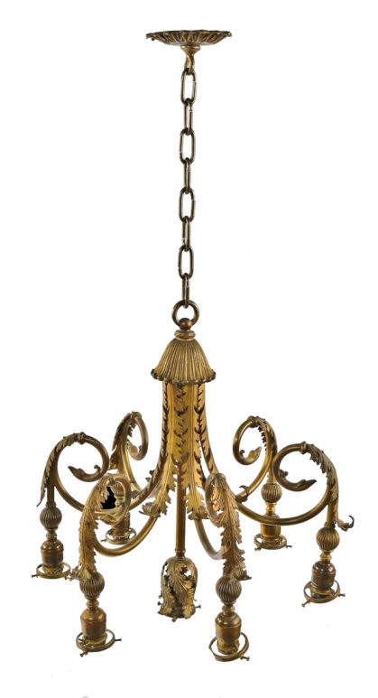 early 20th century antique american ornamental cast brass and bronze interior residential bent tubular seven-arm electrolier ceiling fixture 
