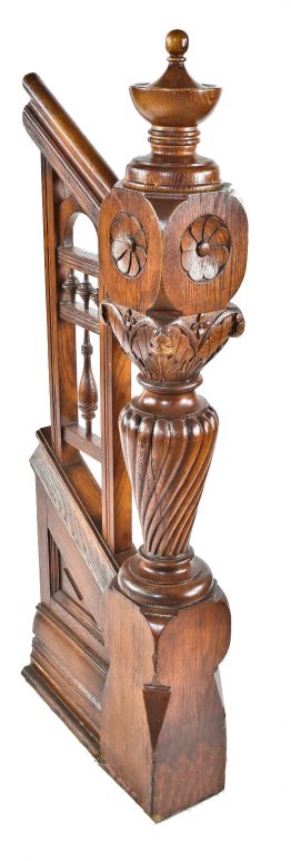 exceptional hand-carved 1880's salvaged chicago solid oak interior residential newel post and railing with a uniform stained finish 