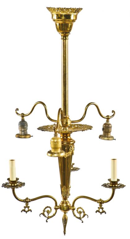 fully restored and converted early 20th century salvaged chicago  combination residential brass electrolier /gasolier with rewired sockets 