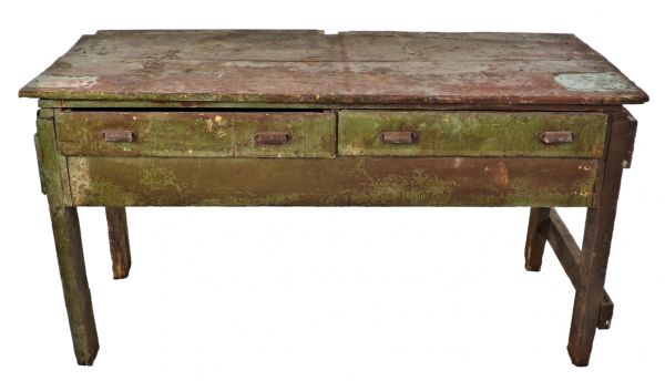 late 19th century oversized salvaged chicago steam factory workshop painted pine wood table with two spacious drawers containing ornamental cast iron drawer pulls