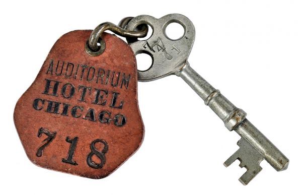 original hard to find late 19th or early 20th century adler and sullivan auditorium building hotel guestroom door key with labeled fob 