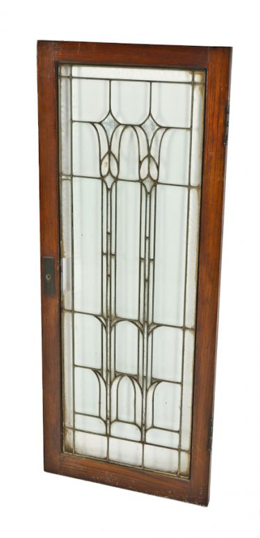original c. 1920's salvaged chicago leaded glass interior oak wood cabinet door with floral motifs within a rectilinear grid