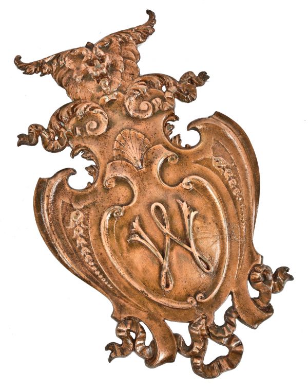 exceptional c. 1890's interior copper-plated cast iron westcott hotel lobby wall-mount monogrammed cartouche with figural lion head