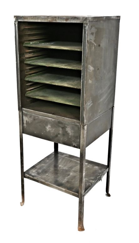 rare c. 1920's refinished old movie house freestanding pressed and folded steel adjustable shelf film reel or equipment storage cabinet with brushed metal finish  