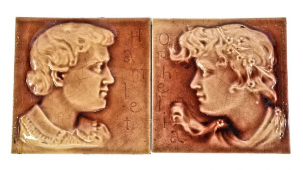 pair of highly sought after late 19th century american victorian era salvaged chicago shakespearean portrait majolica glazed fireplace ceramic tiles 