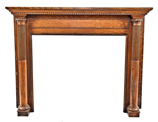 late 19th century all original and completely intact varnished oak wood salvaged chicago interior residential half-mantel with opposed solid fluted columns and beaded border frieze