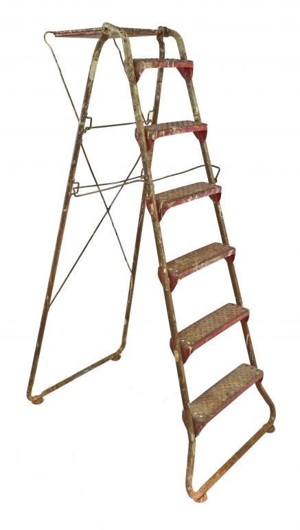 hard to find late 1930's american antique industrial reinforced tubular steel collapsible ladder with riveted joint rungs or steps and raised edge tray