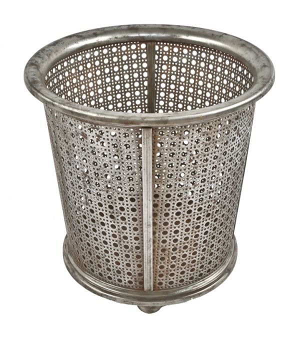 hard to find american industrial c. 1920's indiana train depot office reinforced brushed cold-rolled steel mesh floor trash can with rolled rim and three squat feet