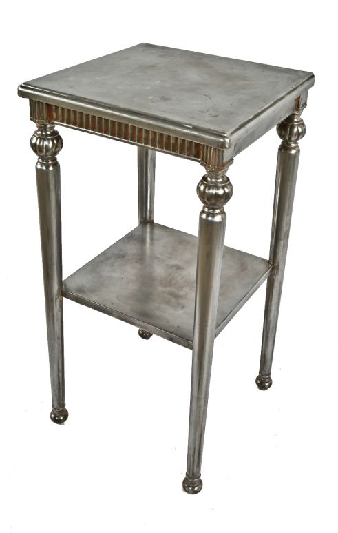 hard to find completely refinished american industrial four-legged stationary simmons side table with unique turned legs and undershelf