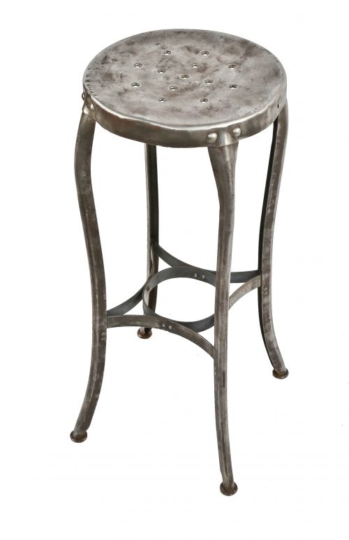refinished 20th century pressed and folded riveted joint steel "uhl art steel" soda fountain stool with curvaceous legs and perforated steel seat