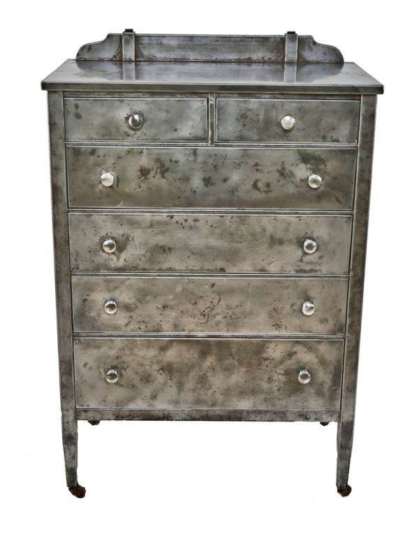 refinished antique american industrial highly desirable simmons pressed and folded steel multi-drawer patented highboy cabinet with original metal knob pulls