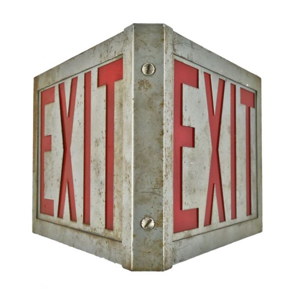 late 1940's original double-sided wall mount wedge-shaped vintage salvaged chicago commercial building illuminated exit sign with oversized red lettering