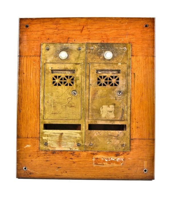 highly sought after original and intact early 20th century antique american chicago two-flat interior wall-mount combination mailbox and annunciation with oak frame