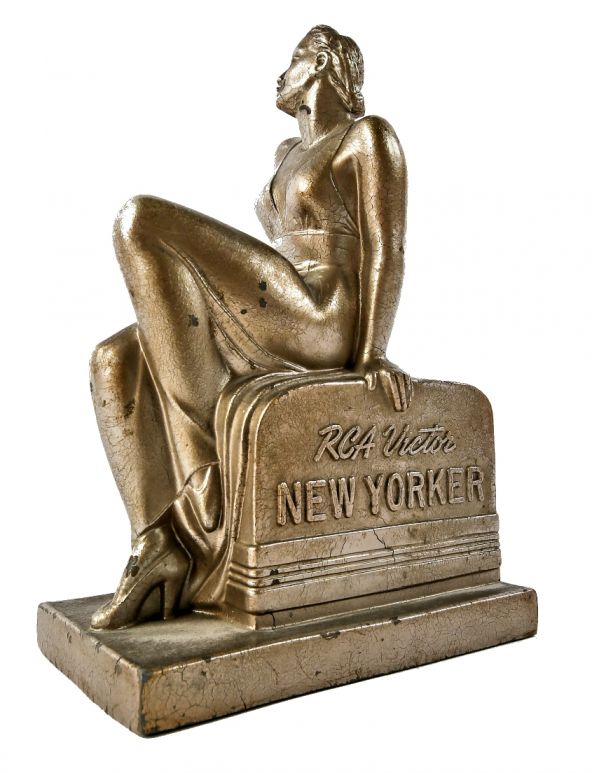 very unusual c. 1930's depression-era antique american art deco "new yorker" advertising display comprised of "white metal" with allover crazed finish 