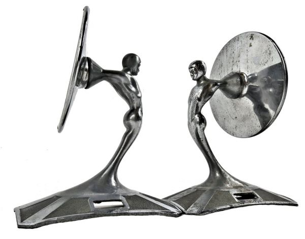 matching set of original antique american machine age at deco style automobile figural spare tire rear view mirrors comprised of "pot metal" with original chrome finish 