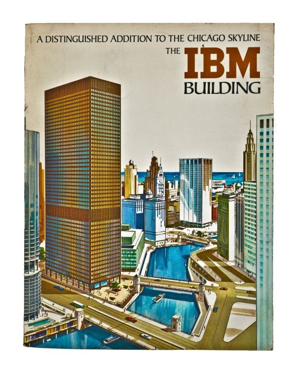 historic chicago original 1969 ibm building mies van der rohe designed scribner & company rental catalog with fold-out building schematic and color illustrations