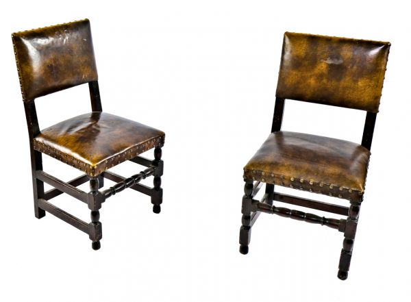 matching set of eight original c. 1920's antique american varnished oak wood and leather continental bank building office room side chairs with brass nail heads 