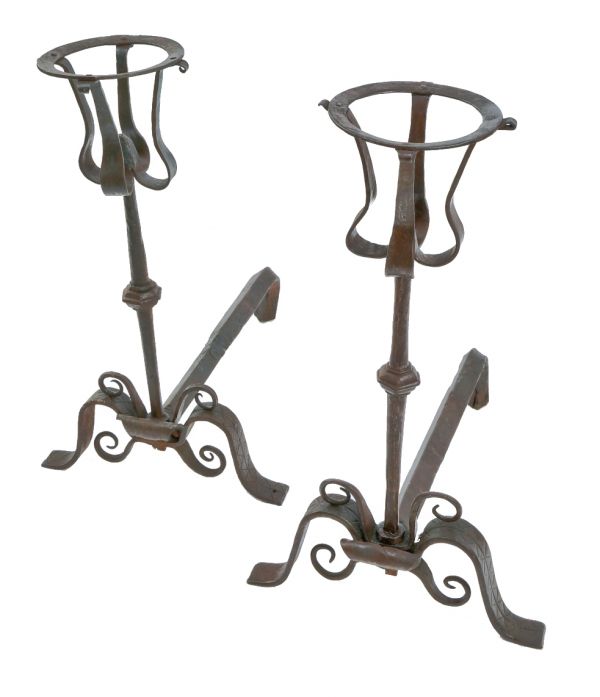 exceptional hammered wrought iron arts & crafts style early 20th century gustav stickley-esque interior residential fireplace andirons with nicely aged patina 