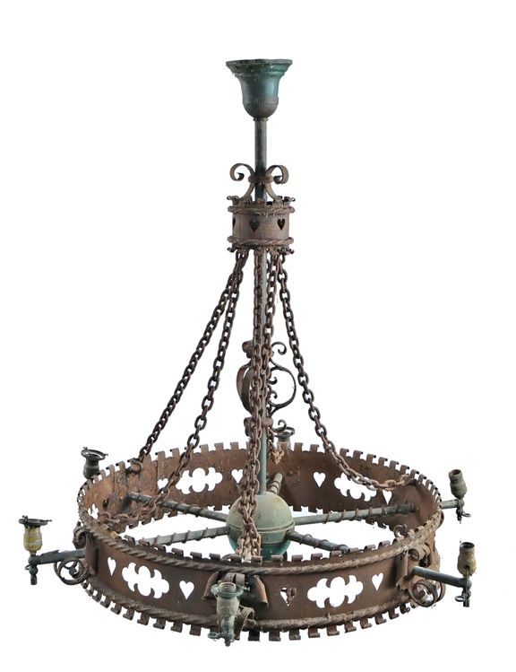 massive c. 1920's american gothic style chicago theater lobby ornamental wrought iron and brass six-light ceiling chandelier with perforated heart design motifs