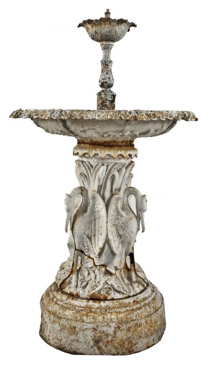 oversized antique american white painted cast iron freestanding tiered fountain with spacious bowl and figural base depicting full-winged birds