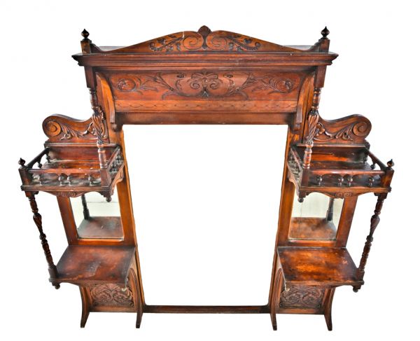 exceptional all high victorian late 1870's salvaged chicago solid hand-carved cherry wood interior residential fireplace over-mantel with original and intact mirrors 