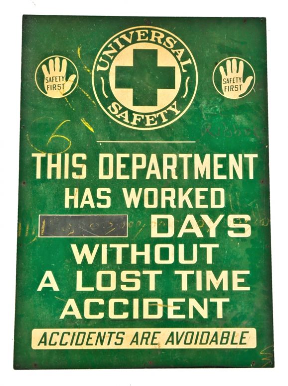 all original american industrial c. 1920's green enameled safety first motivational single-sided "days without lost time" factory sign or scoreboard	