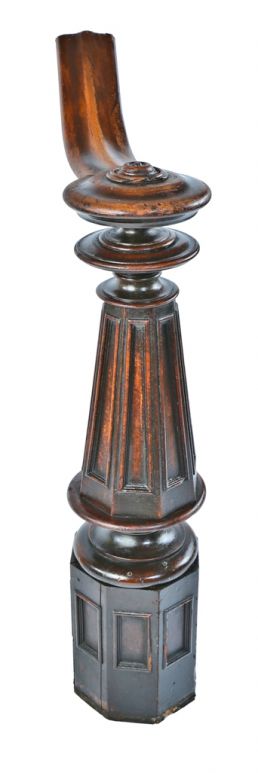 original 1870's solid octagonal-shaped black walnut wood interior residential salvaged chicago staircase newel post with faceted and lightly recessed panels 