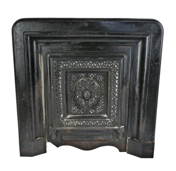1870's original japanned cast iron salvaged chicago interior residential american victorian fireplace surround with matching summer cover