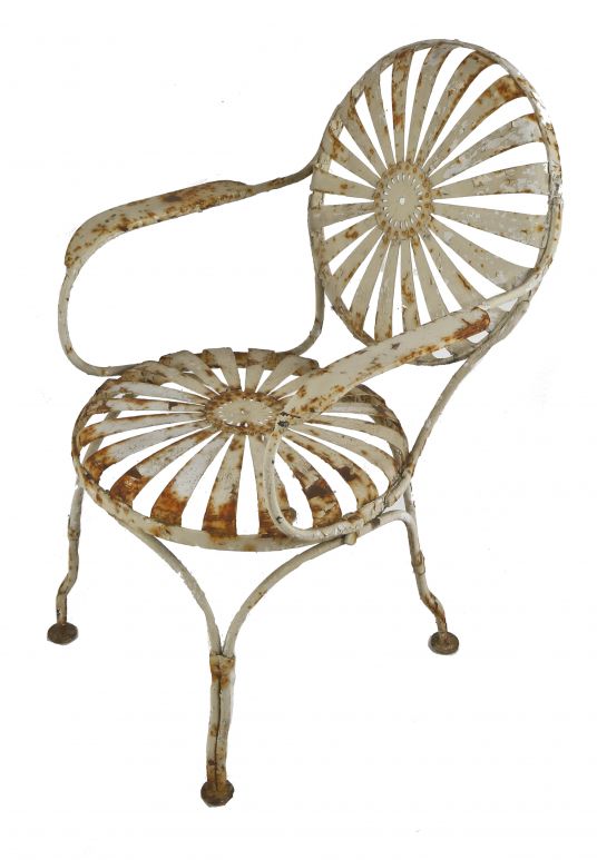 one of two original and largely intact heavy steel and/or wrought iron french art deco francois carre "sunburst" garden chairs with white enameled finish 