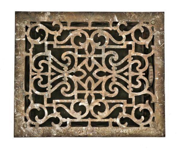 highly ornate 1870's antique american cast iron residential salvaged chicago floor register or grate with intact louvers