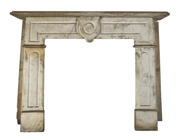 early 1870's salvaged chicago interior residential white carrara marble fireplace mantel with oversized opening and ornamental keystone 