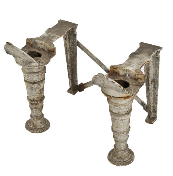 highly desirable c. 1870's oversized turned and tapered cast iron l. wolff interior residential low-lying stone sink pedestal bases with weathered paint 