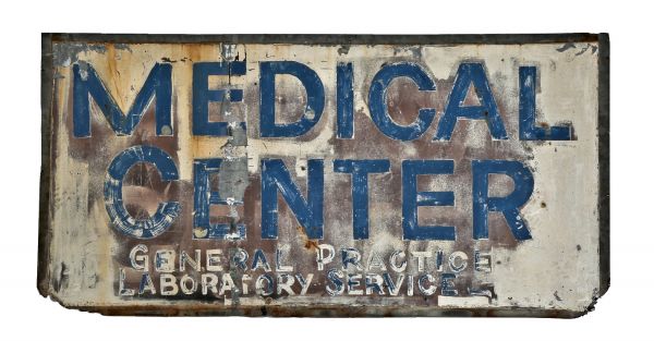 c. 1920's antique american industrial south side chicago single-sided "medical center" hand-painted oversized steel sign with wood-frame backing 