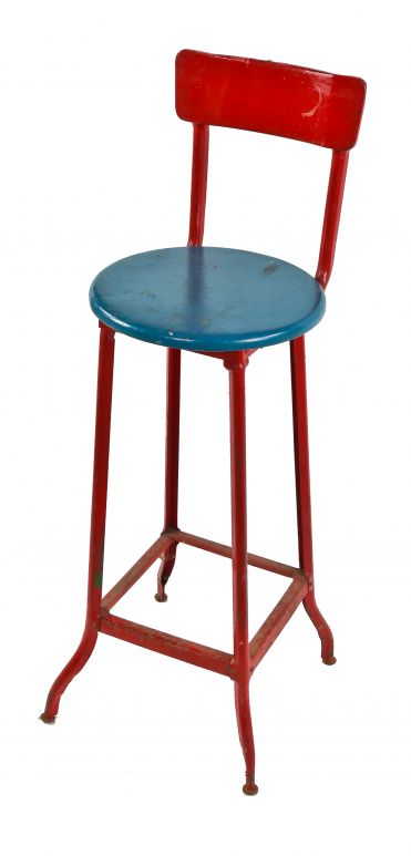 original 1920's antique american made industrial pressed and folded steel factory stool with maple wood seat and brightly painted finish 