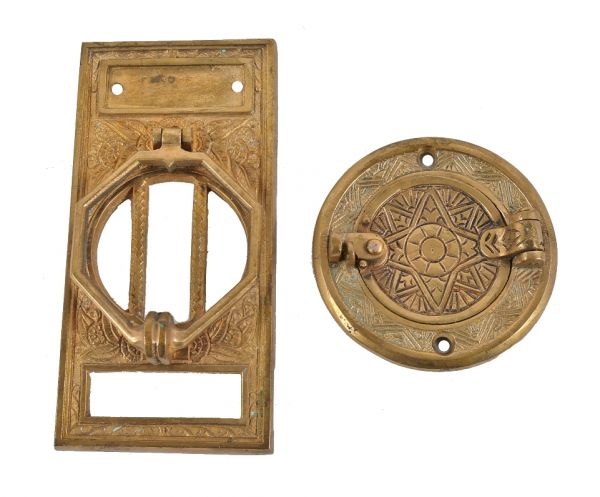 original c. 1930's art deco style cast bronze interior chicago hotel building guest room peephole cover and matching doorknocker with nicely aged patina
