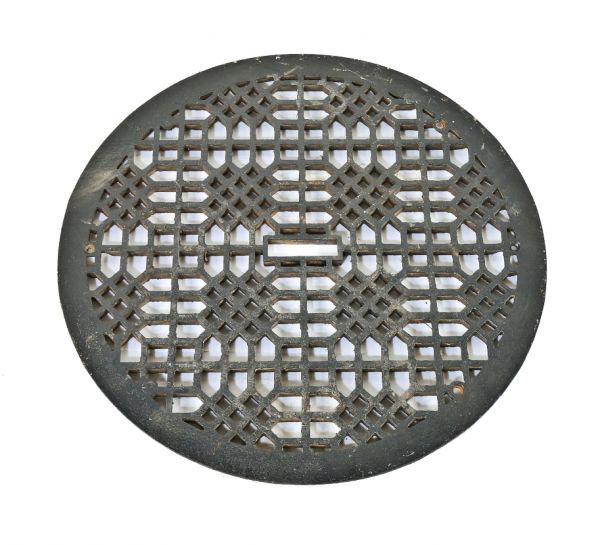 oversized exterior c. 1900's ornamental cast iron circular-shaped "lattice" pattern flush mount brick wall air vent grille with mostly uniform black enameled finish