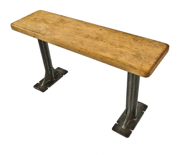 original and intact american vintage industrial low-lying stationary "pollard brothers" cast iron and maple wood refinished a. finkl & sons foundry locker room bench