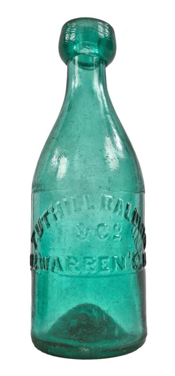 c. 1850's boldly embossed emerald green glass antique american privy dug tuthill baldwin & co.iron-pontiled soda or mineral water bottle with applied blob top clip