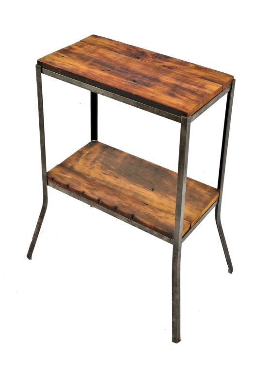 refinished two-tier american industrial brushed metal angled iron stationary side table with newly added sanded and stained pine wood tabletop and undershef