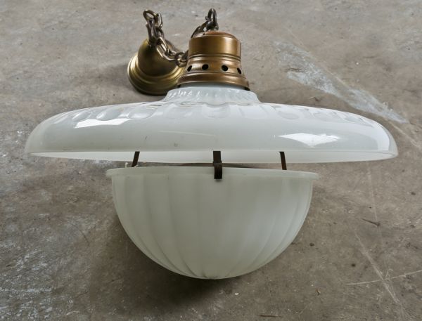 hard to find and highly desirable early 20th century opalescent glass fully functional "phenixlite" industrial factory pendant light with original hanging diffuser 